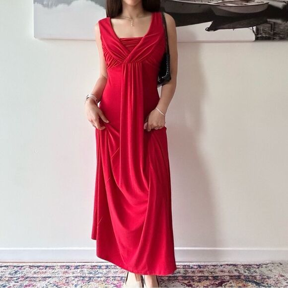 90s Vintage Deep Red ruched sexy sleeveless  Formal maxi dress - Picture 2 of 8
